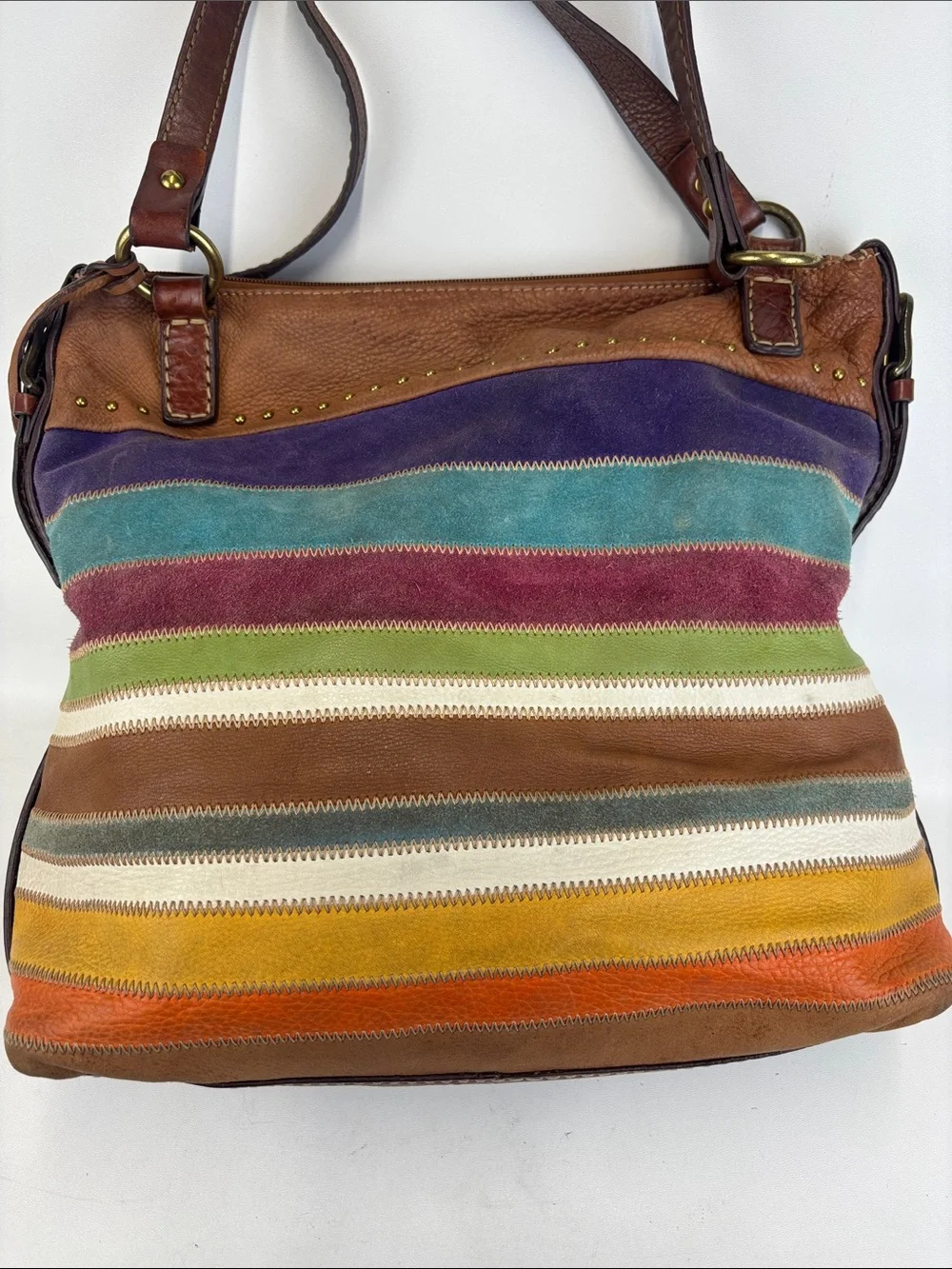 FOSSIL Leather Suede Colorful Patchwork Hobo Shoulder Bag